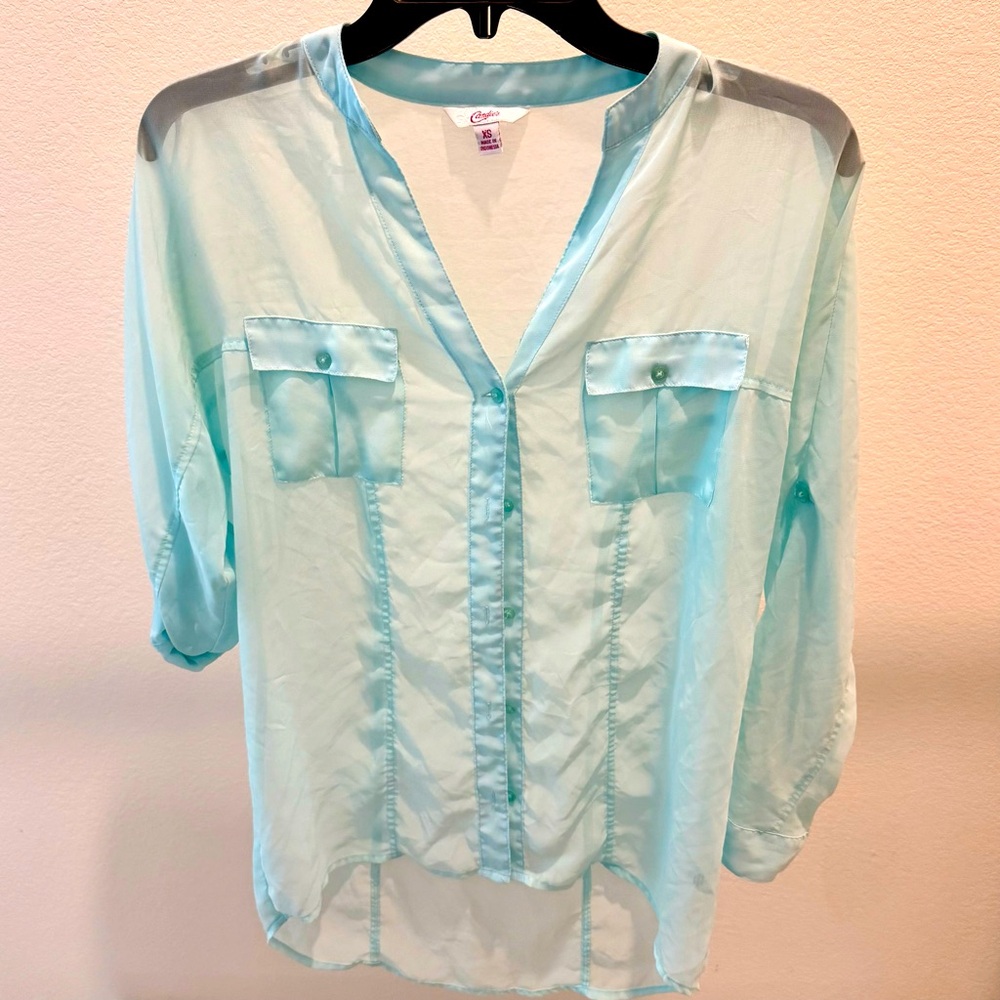 Sheer light blue button up top